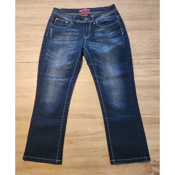 Red Rivet Jeans Embroidered Rhinestone Pockets Stretch Dark Blue Size 9 EUC - Picture 2 of 12